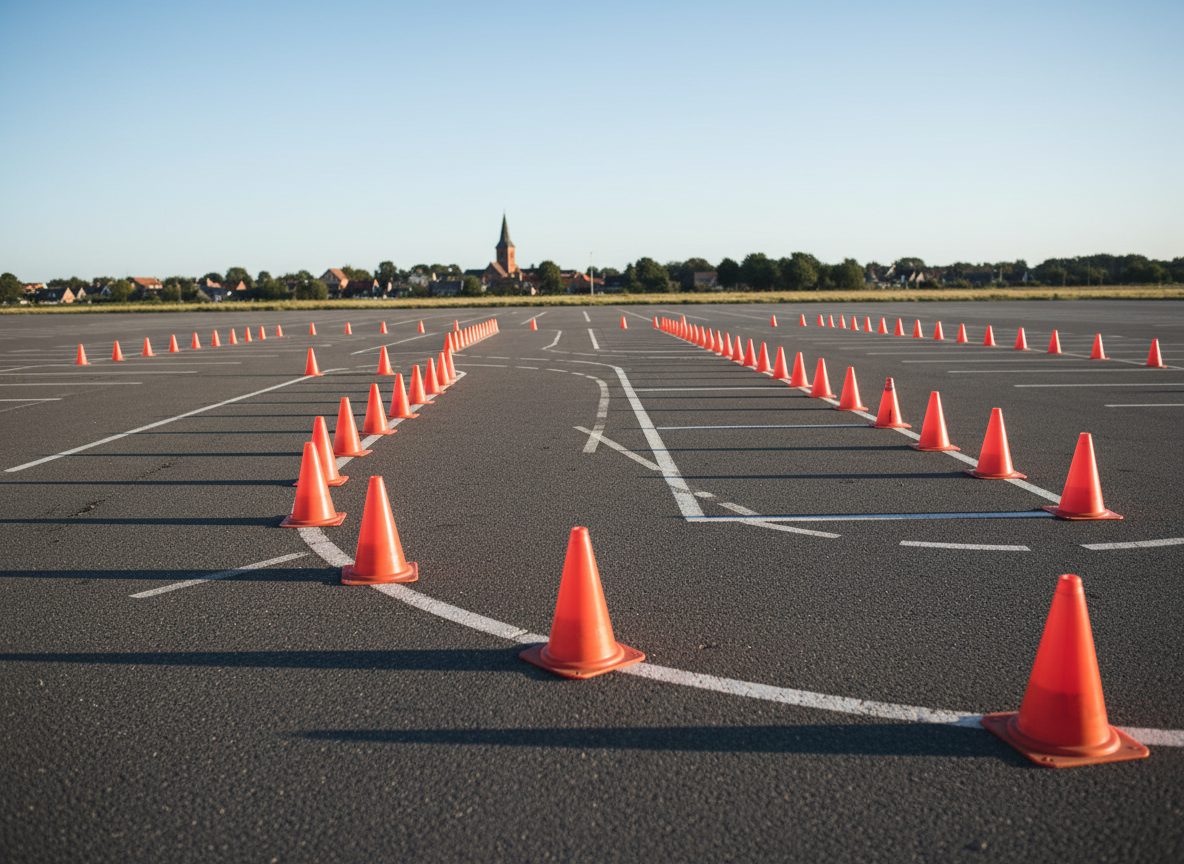 A meticulously marked driving practice area in an empty parking lot at the edge of Køge, with bright orange traffic cones arranged in precise slalom and parallel parking formations on smooth asphalt. Faint white line markings guide the practice routes, leading toward a distant glimpse of Køge’s low skyline and subtle tree line. The scene is bathed in clear early morning light, casting long, crisp shadows from each cone and emphasizing depth and structure. Captured from a low-angle, slightly wide photographic perspective, the cones dominate the foreground while the town remains softly blurred. The mood is focused, calm, and disciplined, highlighting the controlled training environment of a serious, professional driving school.