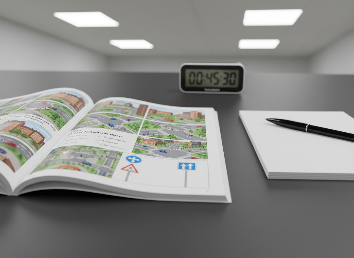 A close-up of an open Danish theory test booklet laid flat on a smooth dark grey table, pages filled with multiple-choice traffic questions, vivid color illustrations of intersections, and clear diagrams of road signs. A neat stack of high-quality white note paper and a fine black ballpoint pen rest beside it, with a simple digital timer in the background showing remaining test time. Soft, neutral indoor lighting from overhead panels creates even illumination without harsh reflections, giving a calm and concentrated atmosphere. Photographed from a slightly elevated angle with shallow depth of field, the focus rests on the printed questions and symbols. The style is clean, precise, and photorealistic, ideal for illustrating the structured theory side of a Køge trafikskole.