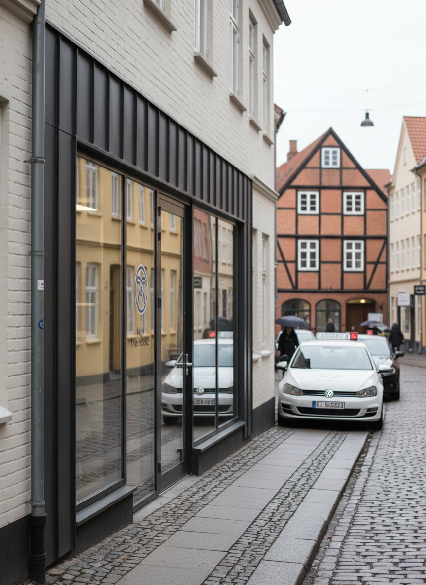 The polished front exterior of a Køge city-center driving school entrance, featuring a clean glass door with a subtle, modern logo and the words “Køge Trafikskole” in understated lettering. The facade combines light brick and dark metal detailing, with a clear view of parked training cars reflected in the glass. Soft overcast daylight from the narrow street creates diffused, shadowless lighting that feels calm and professional. Shot from a slightly low, centered perspective to make the entrance feel inviting and important. The background shows a tasteful blur of historic Køge buildings, rendered in photographic realism with muted colors, conveying credibility, central location, and easy accessibility.