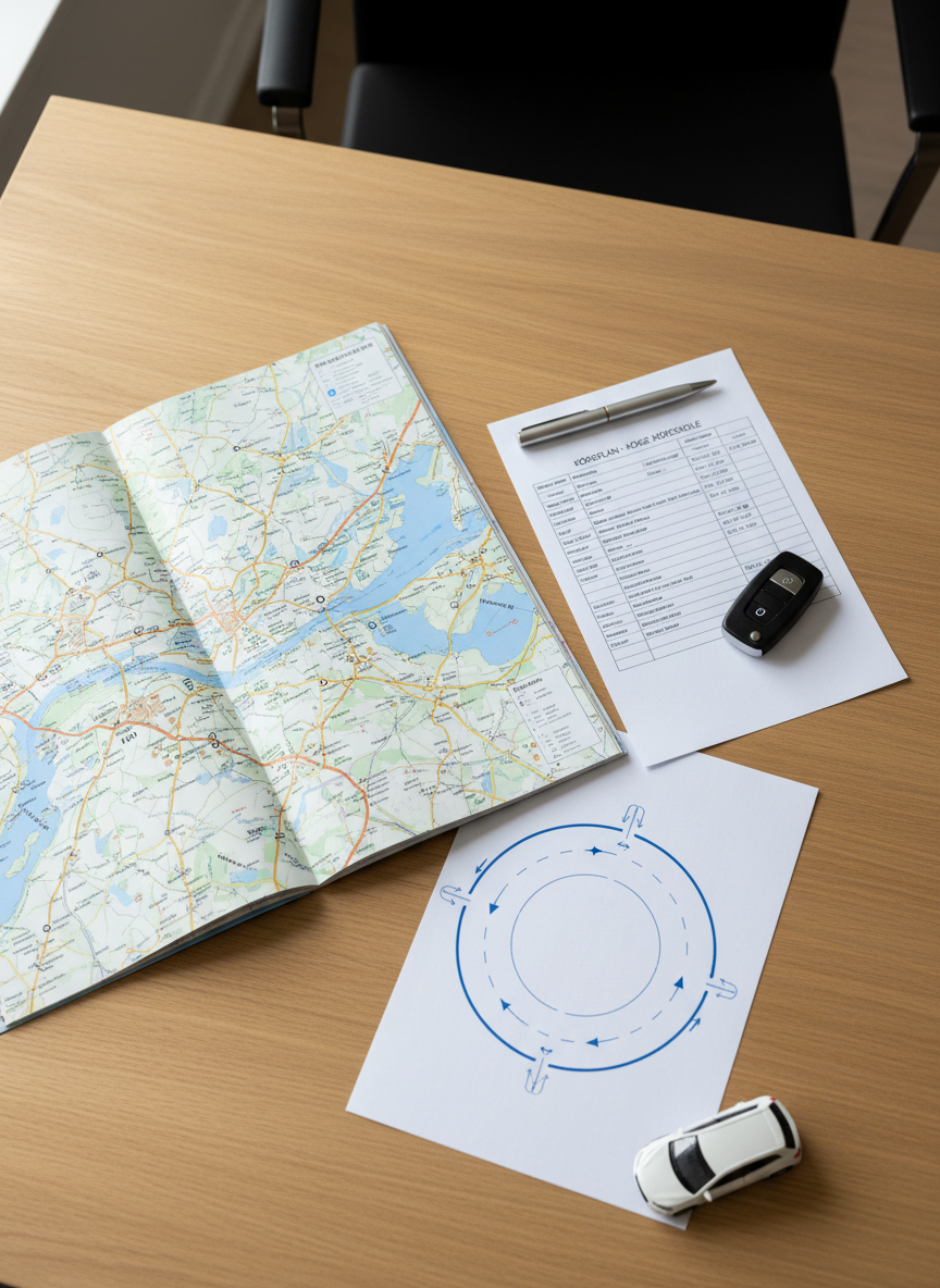 An overhead view of an organized driving lesson planning desk inside a modern Køge office, featuring a smooth light oak surface with an open road atlas of Denmark focused on the Køge region, a printed driving lesson schedule, and a detailed diagram of a roundabout drawn with precise blue ink lines. A minimalist metal pen, car key fob, and a small scale-model white car rest nearby. Soft, indirect daylight from an unseen window creates gentle, natural illumination with delicate shadows along the paper edges. Composed with rule-of-thirds balance and sharp focus, the scene feels structured, calm, and meticulously prepared, embodying the professionalism and reliability of a high-quality køreskole in photographic realism.
