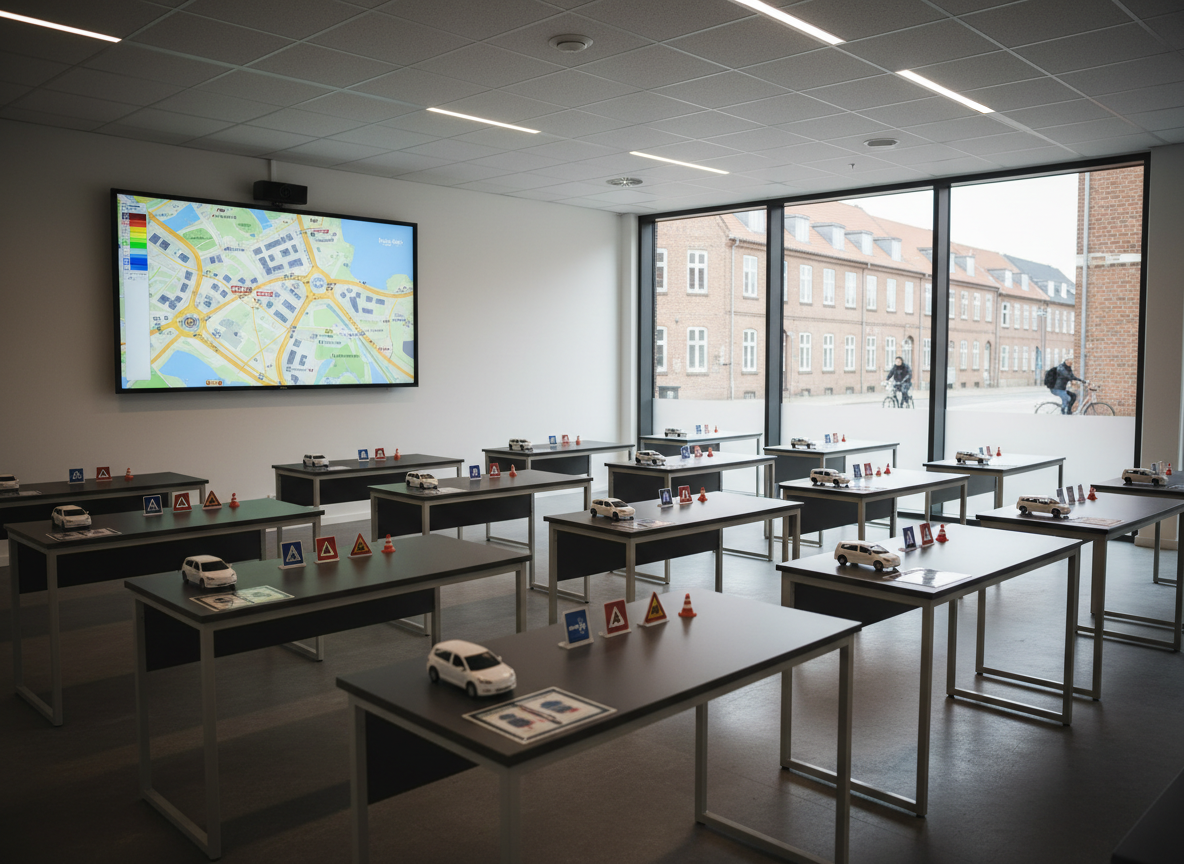 A sleek, modern Danish classroom-style driving theory room with a large wall-mounted screen displaying a detailed map of Køge’s city streets and roundabouts. Neatly arranged dark grey desks hold pristine white model cars, miniature traffic cones, and glossy laminated road sign cards. Large windows reveal a soft blur of Køge centrum buildings outside. Natural daylight mixes with warm recessed ceiling lights, creating a bright yet calm atmosphere with gentle shadows. Photographed at eye level with sharp focus and a slightly wide angle, emphasizing order and professionalism. The mood is structured, trustworthy, and welcoming, with clean lines, neutral colors, and photographic realism suited for a reputable køreskole website.