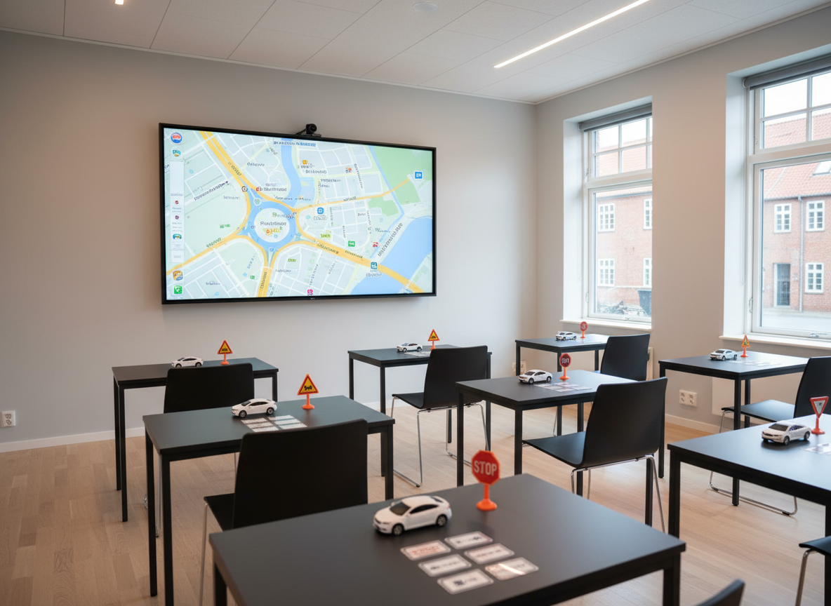 A sleek, modern Danish classroom-style driving theory room with a large wall-mounted screen displaying a detailed map of Køge’s city streets and roundabouts. Neatly arranged dark grey desks hold pristine white model cars, miniature traffic cones, and glossy laminated road sign cards. Large windows reveal a soft blur of Køge centrum buildings outside. Natural daylight mixes with warm recessed ceiling lights, creating a bright yet calm atmosphere with gentle shadows. Photographed at eye level with sharp focus and a slightly wide angle, emphasizing order and professionalism. The mood is structured, trustworthy, and welcoming, with clean lines, neutral colors, and photographic realism suited for a reputable køreskole website.