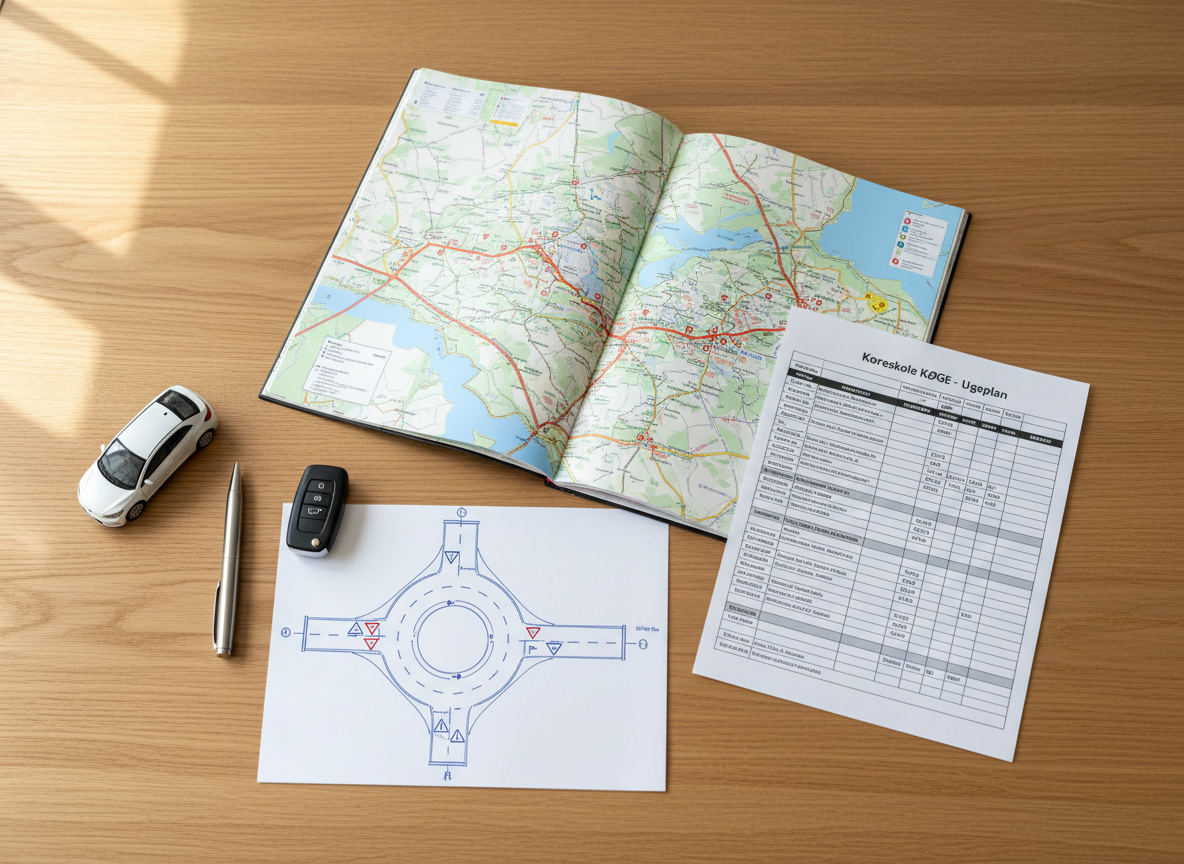 An overhead view of an organized driving lesson planning desk inside a modern Køge office, featuring a smooth light oak surface with an open road atlas of Denmark focused on the Køge region, a printed driving lesson schedule, and a detailed diagram of a roundabout drawn with precise blue ink lines. A minimalist metal pen, car key fob, and a small scale-model white car rest nearby. Soft, indirect daylight from an unseen window creates gentle, natural illumination with delicate shadows along the paper edges. Composed with rule-of-thirds balance and sharp focus, the scene feels structured, calm, and meticulously prepared, embodying the professionalism and reliability of a high-quality køreskole in photographic realism.