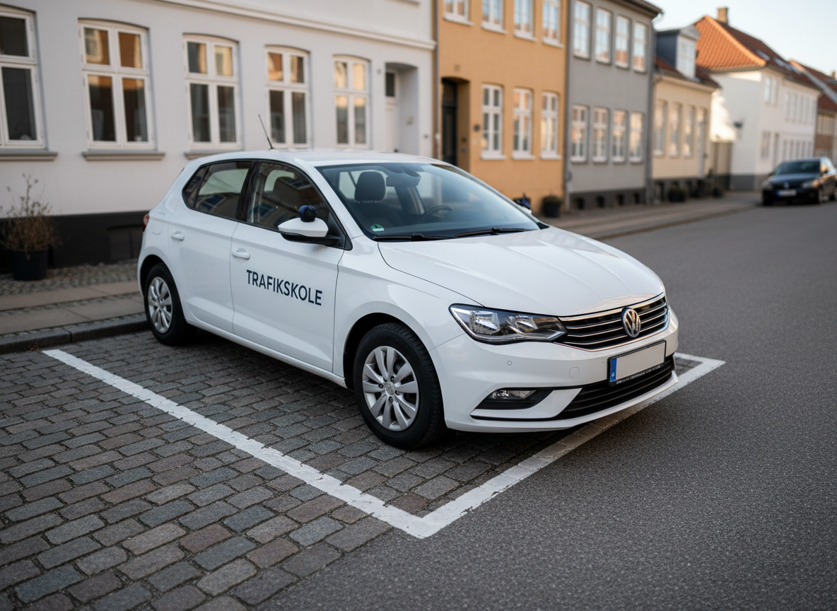 A pristine white compact training car parked neatly in a marked space on a quiet Køge side street, featuring discreet “Trafikskole” signage on the door in modern dark blue typography. The car’s paintwork has a gentle gloss, reflecting the cobblestone texture of the street and soft silhouettes of surrounding townhouses. Late afternoon natural light creates a gentle golden glow on the car’s contours, with long, soft shadows stretching behind. Photographed at a three-quarter front angle with shallow depth of field, keeping the vehicle crisp while Køge’s city architecture melts into a subtle blur. The mood is professional, reassuring, and reliable, presented in clean, photographic realism suitable for a front-page hero image.