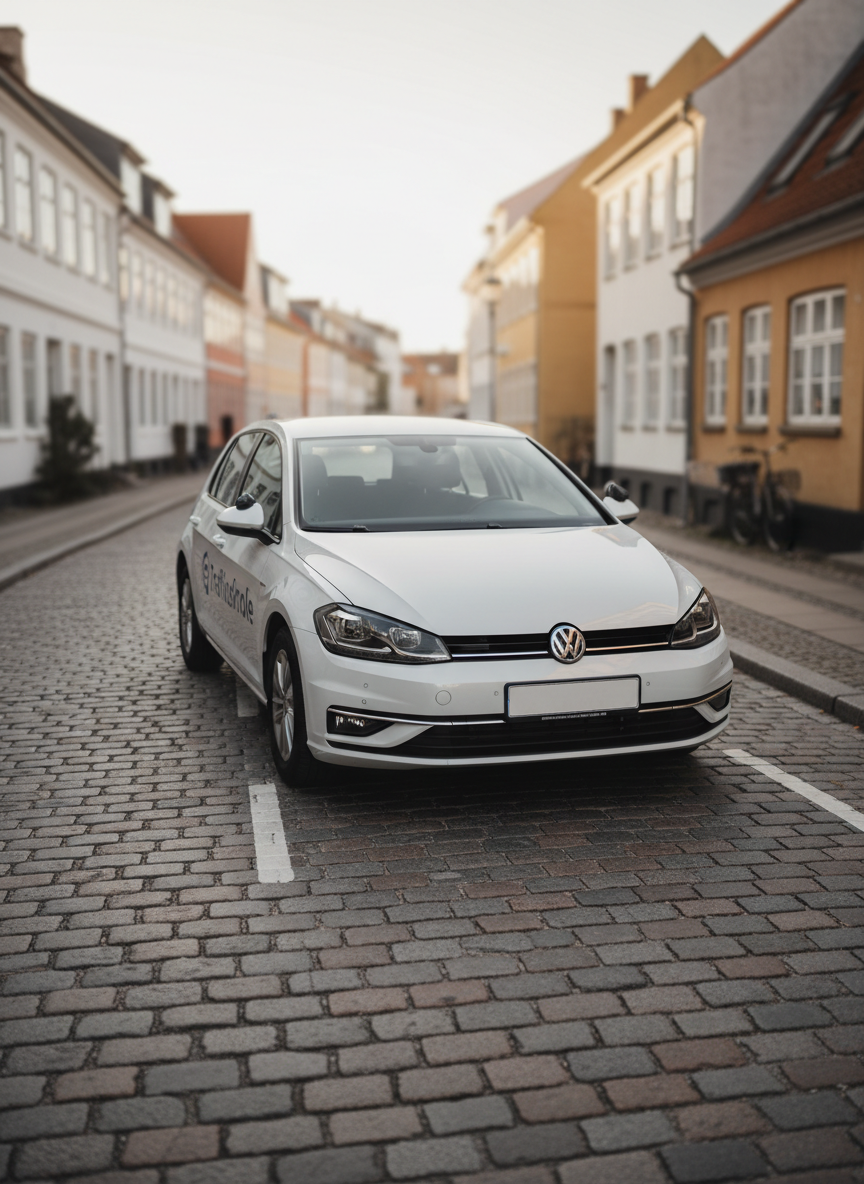 A pristine white compact training car parked neatly in a marked space on a quiet Køge side street, featuring discreet “Trafikskole” signage on the door in modern dark blue typography. The car’s paintwork has a gentle gloss, reflecting the cobblestone texture of the street and soft silhouettes of surrounding townhouses. Late afternoon natural light creates a gentle golden glow on the car’s contours, with long, soft shadows stretching behind. Photographed at a three-quarter front angle with shallow depth of field, keeping the vehicle crisp while Køge’s city architecture melts into a subtle blur. The mood is professional, reassuring, and reliable, presented in clean, photographic realism suitable for a front-page hero image.